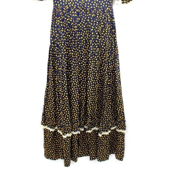 Cottage Core Long Dress Country Victorian Style Lace Seam Navy Blue Floral Print - Picture 10 of 10